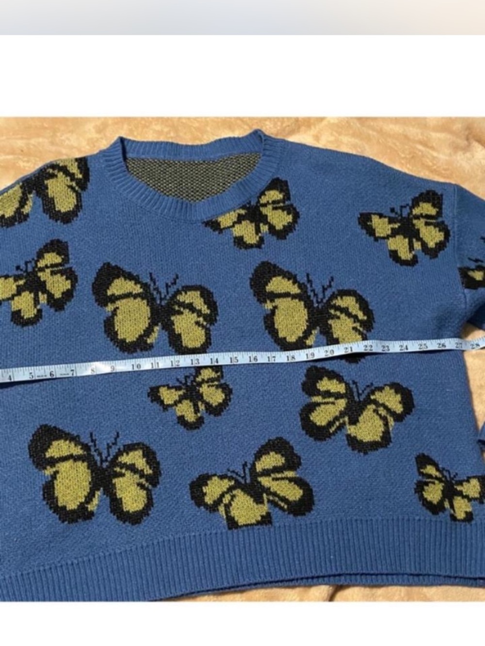 SHEIN Blue Crewneck Sweater with Yellow & Black Butterfly Motif Sz XXL